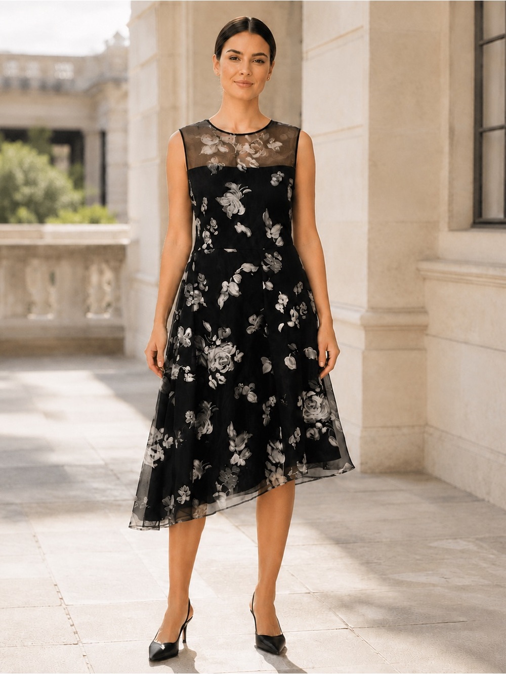 Lord & Taylor 424 Fifth Black Dress with White Floral Embroidery